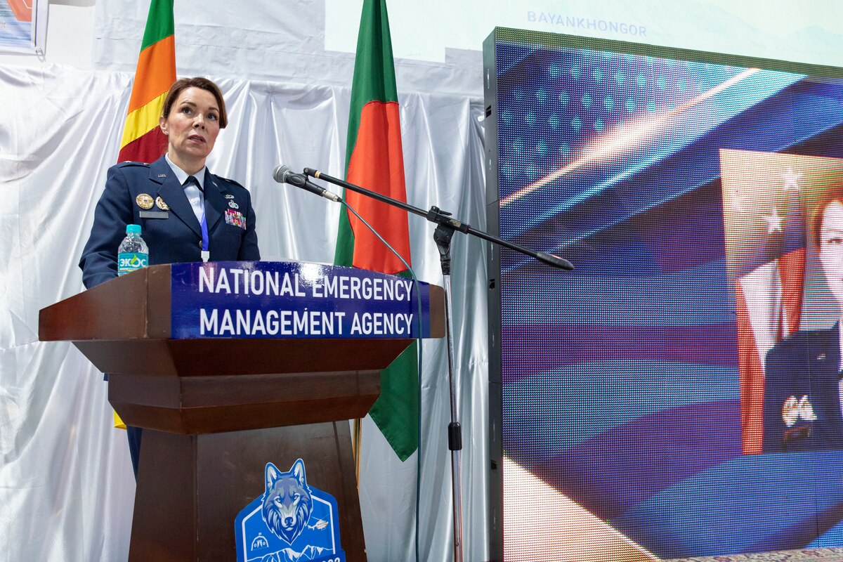 Brig. Gen. Tracy Smith, commander of the Alaska Air National Guard, spoke about the 20-year partnership between the Alaska National Guard and Mongolian government during the opening ceremony for Gobi Wolf 2022 in Bayankhongor, Mongolia, Sept. 5. Gobi Wolf is a disaster response exercise with field training exercises in hazmat response, mass medical care and search and rescue.