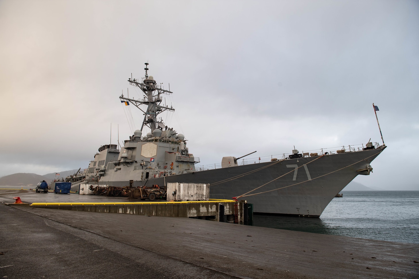 The Arleigh Burke-class guided-missile destroyer USS Ross (DDG 71) is moored to a pier in Tromso, Norway, Nov. 3, 2020.