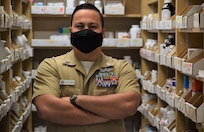 Hospital Corpsman 1st Class Cyrus Cunningham, assigned to Navy Medicine Readiness Training Unit Everett as a pharmacy technician, was notified by his command leadership of being selected as part of the Fiscal Year 2023 U.S. Navy chief petty officer ranks (official Navy photo by Douglas H Stutz, NHB/NMRTC Bremerton public affairs officer).