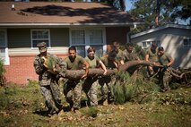 U.S. Marines assigned to II Marine Expeditionary Force Support Battalion Engineers move a large tree branch as an attempt to remove debris from a residential community aboard Camp Lejeune, N.C. caused by Hurricane Florence Sept 19, 2018. Hurricane Florence is the biggest storm to cause devastating effects to the Carolinas since 1999 with its strong winds and heavy rains. (U.S. Marines Corps photos by LCpl. Auburne D. Gipson)
