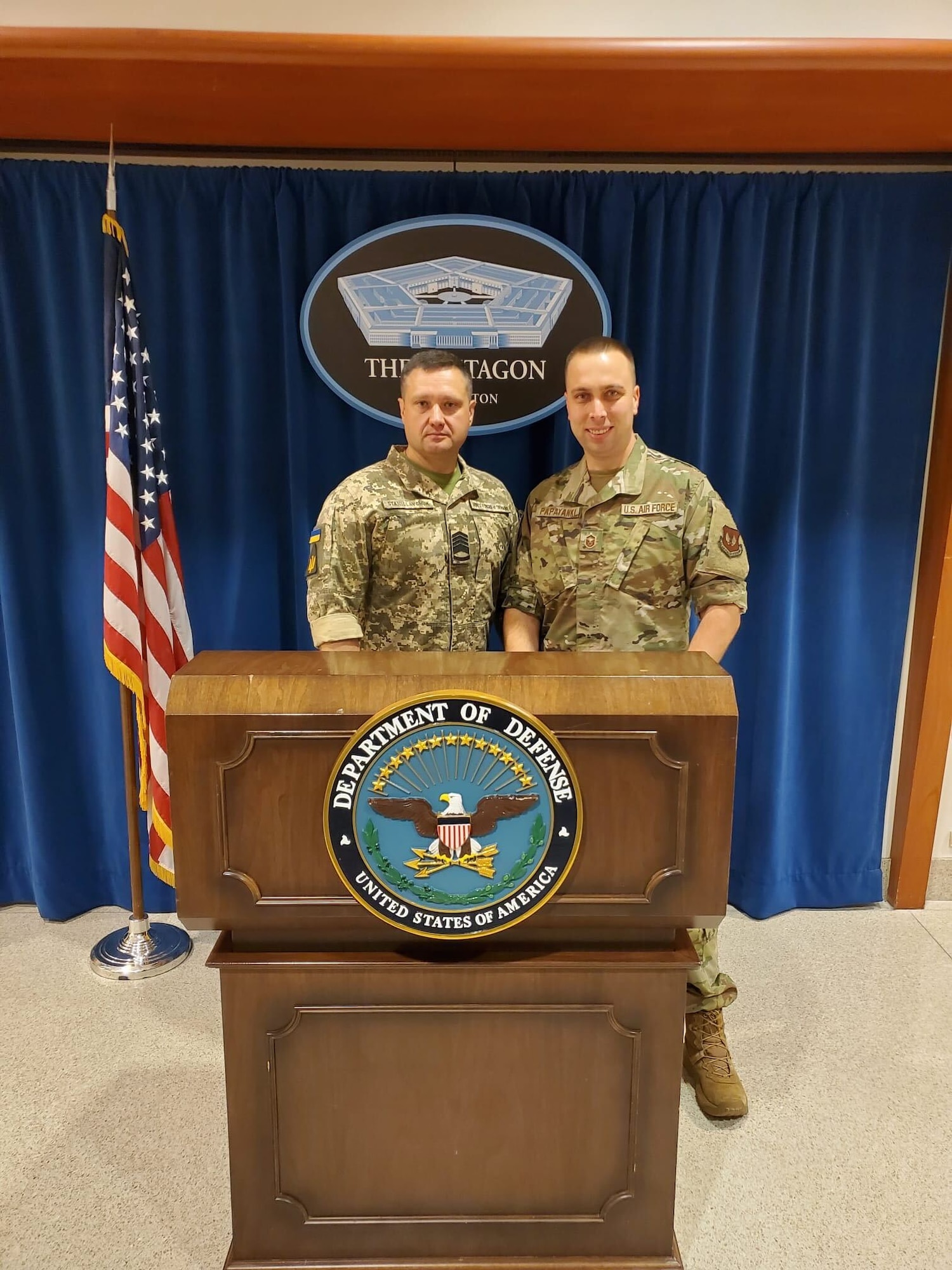 U.S. Air Force Master Sgt. Yuriy Papayanki, 97th Healthcare Operations Squadron medical administration technician, poses for a photo with Kostiantyn Stanislavchuk, Chief Master Sergeant of the Ukrainian Air Force, at the Senior Enlisted Leader International Summit in Arlington, Va., Aug. 1, 2022. Papayanki helped Stanislavchuk cross the border from Ukraine to Poland, then escorted him to Warsaw to apply for a VISA. (Courtesy photo by Master Sgt. Yuriy Papayanki)