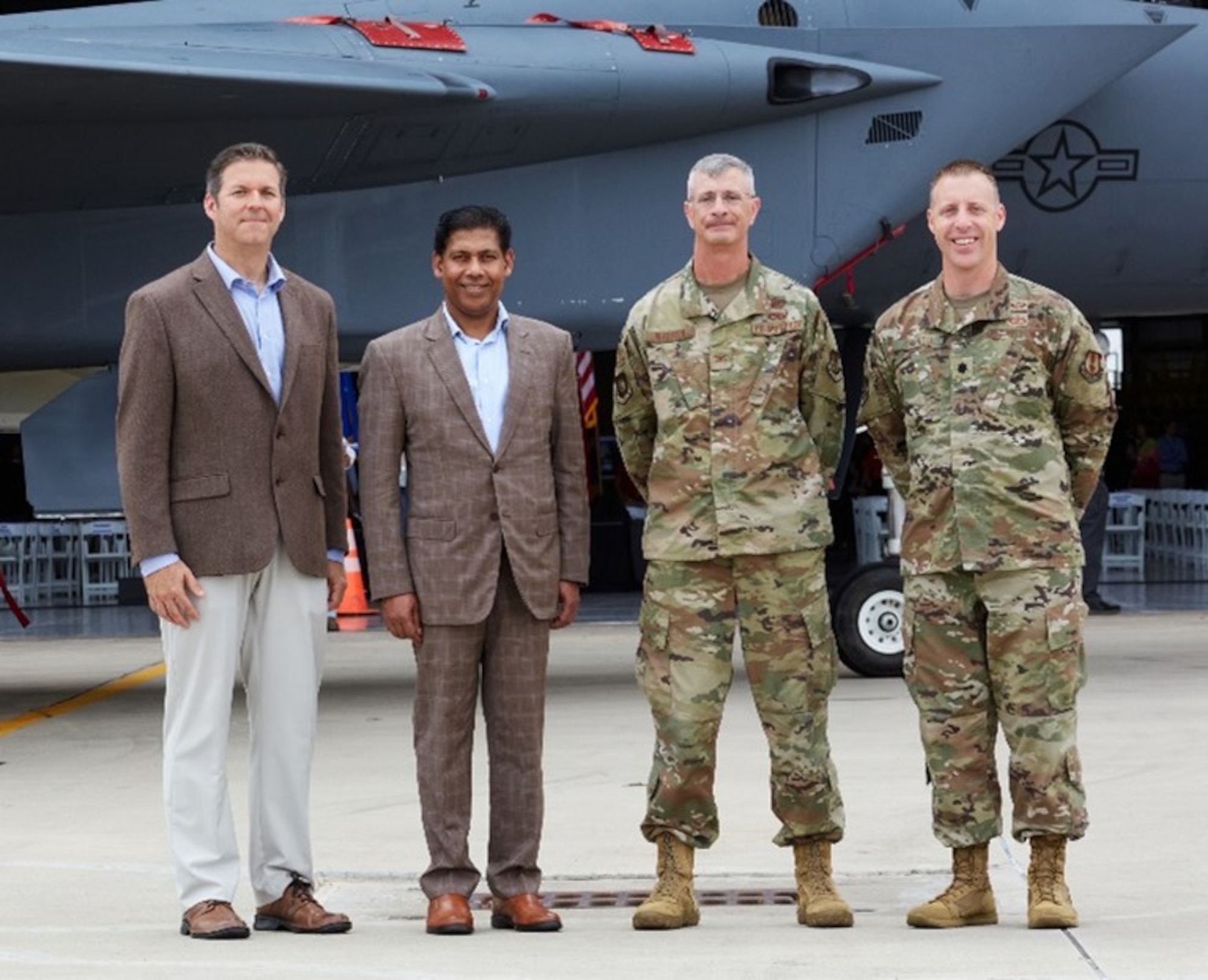 From left to right, Doug Stroud, Boeing F-15 EPAWSS Program Manager, Pratyush “Prat” Kumar, Boeing Vice President and Program Manager of F-15 Programs, Col. Jesse Warren, F-15 System Program Manager, and Lt. Col. Dan Carroll, F-15 EPAWSS Program Manager, stand in front of the second F-15E Strike Eagle starting the extensive EPAWSS upgrade at the Boeing San Antonio Modification Facility. (Courtesy photo)