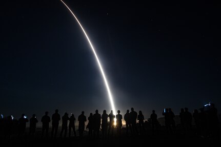 An Air Force Global Strike Command unarmed Minuteman III Intercontinental Ballistic Missile launches during an operational
test at 1:13 A.M. PDT, Sept. 7 at Vandenberg Space Force Base, Calif. ICBM test launches demonstrate that the U.S. ICBM fleet is relevant, essential and key to leveraging dominance in an era of strategic competition. (U.S. Air Force photo by Airman 1st Class Ryan Quijas)