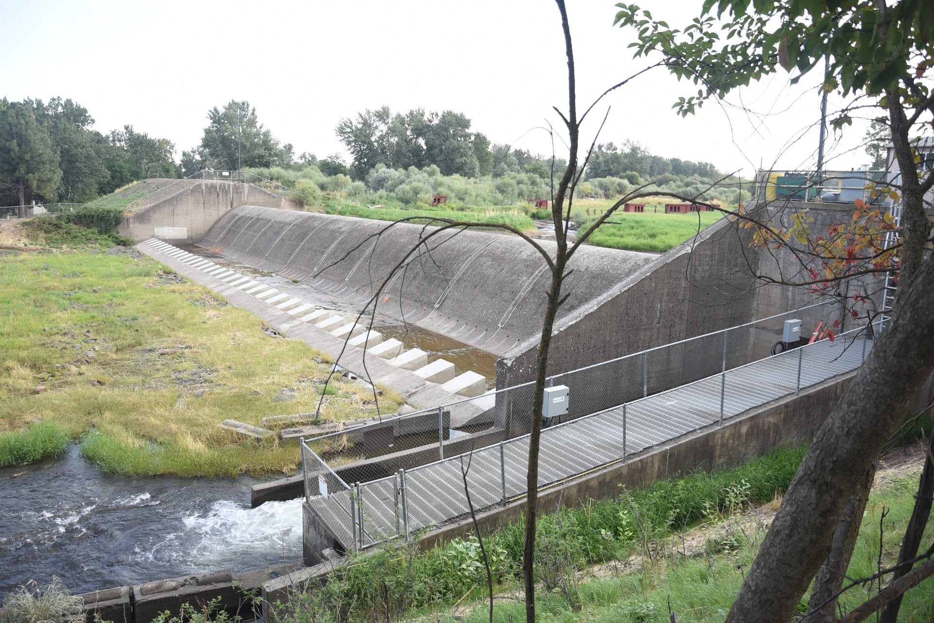 The Mill Creek Diversion Dam and fish ladder (fish ladder is under the grate) in August.  Water flows are low.