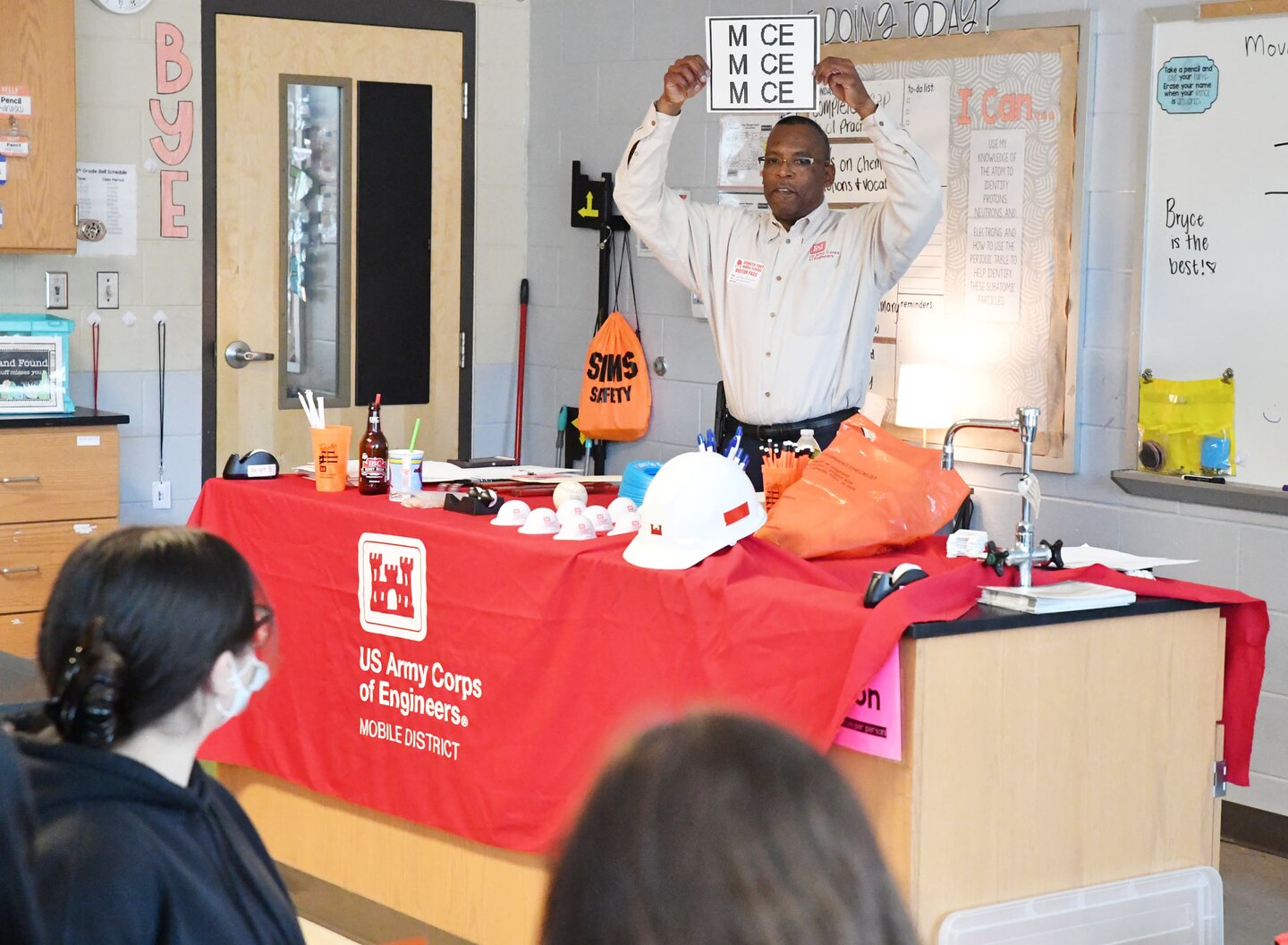 James Hathorn, U.S. Army Corps of Engineers Mobile District’s Chief of the Water Management section, plays an interactive game with students during a career day at Spanish Fort Middle School in Spanish Fort, Alabama, April 1, 2022. Hathorn used interactive games and other activities to explain to them how a career in engineering and with the USACE can be fun and exciting.