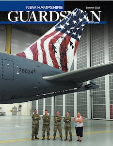 The 2022 summer issue of New Hampshire Guardsman features a patriotic paint job for the "Spirit of Portsmouth" KC-46A Pegasus in Alaska; Innovative Readiness Training mission in Cherokee Nation; Cabo Verdean minister of defense's New Hampshire visit; state military reservation's Heritage Room dedication ceremony in memory of Medal of Honor recipient, Capt. Harl Pease Jr.; NHNG leadership trip to El Salvador; Officer Candidate School training in Center Strafford; search and rescue training in Pembroke; chief of National Guard Bureau's visit to Pease ANG Base; Brig. Gen. John Pogorek and Col. Nelson Perron promotions; Ranger assessments; and Winston P. Wilson national marksmanship matches in Arkansas.