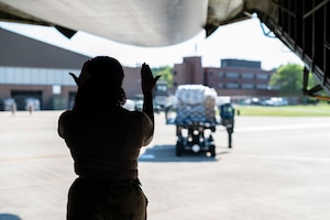 The C-5M delivered over 90,000 pounds of humanitarian aid through the Denton Program. The Denton Program allows private U.S. citizens and private organizations to transport humanitarian goods to approved countries in need.