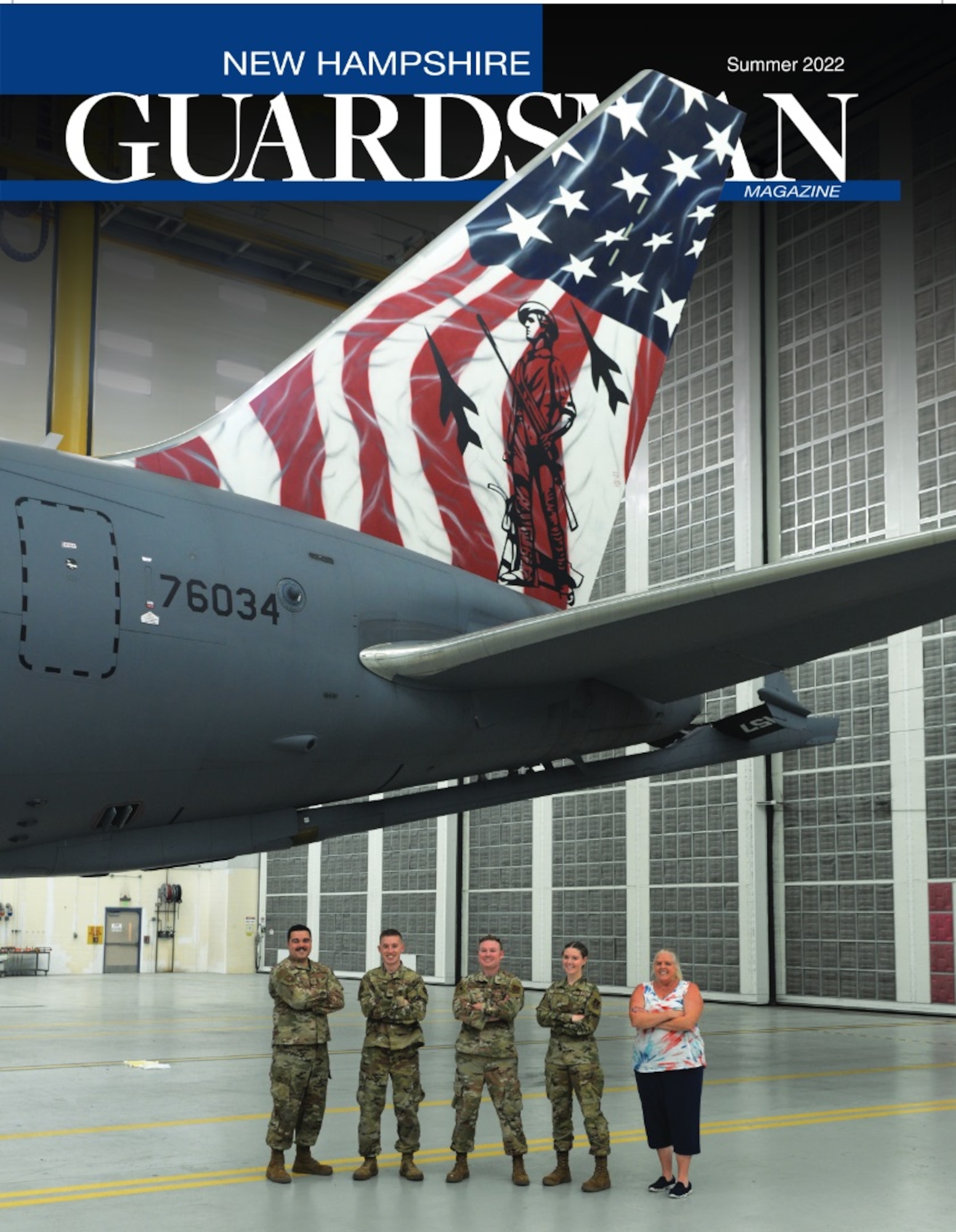 The 2022 summer issue of New Hampshire Guardsman features a patriotic paint job for the "Spirit of Portsmouth" KC-46A Pegasus in Alaska; Innovative Readiness Training mission in Cherokee Nation; Cabo Verdean minister of defense's New Hampshire visit; state military reservation's Heritage Room dedication ceremony in memory of Medal of Honor recipient, Capt. Harl Pease Jr.; NHNG leadership trip to El Salvador; Officer Candidate School training in Center Strafford; search and rescue training in Pembroke; chief of National Guard Bureau's visit to Pease ANG Base; Brig. Gen. John Pogorek and Col. Nelson Perron promotions; Ranger assessments; and Winston P. Wilson national marksmanship matches in Arkansas.