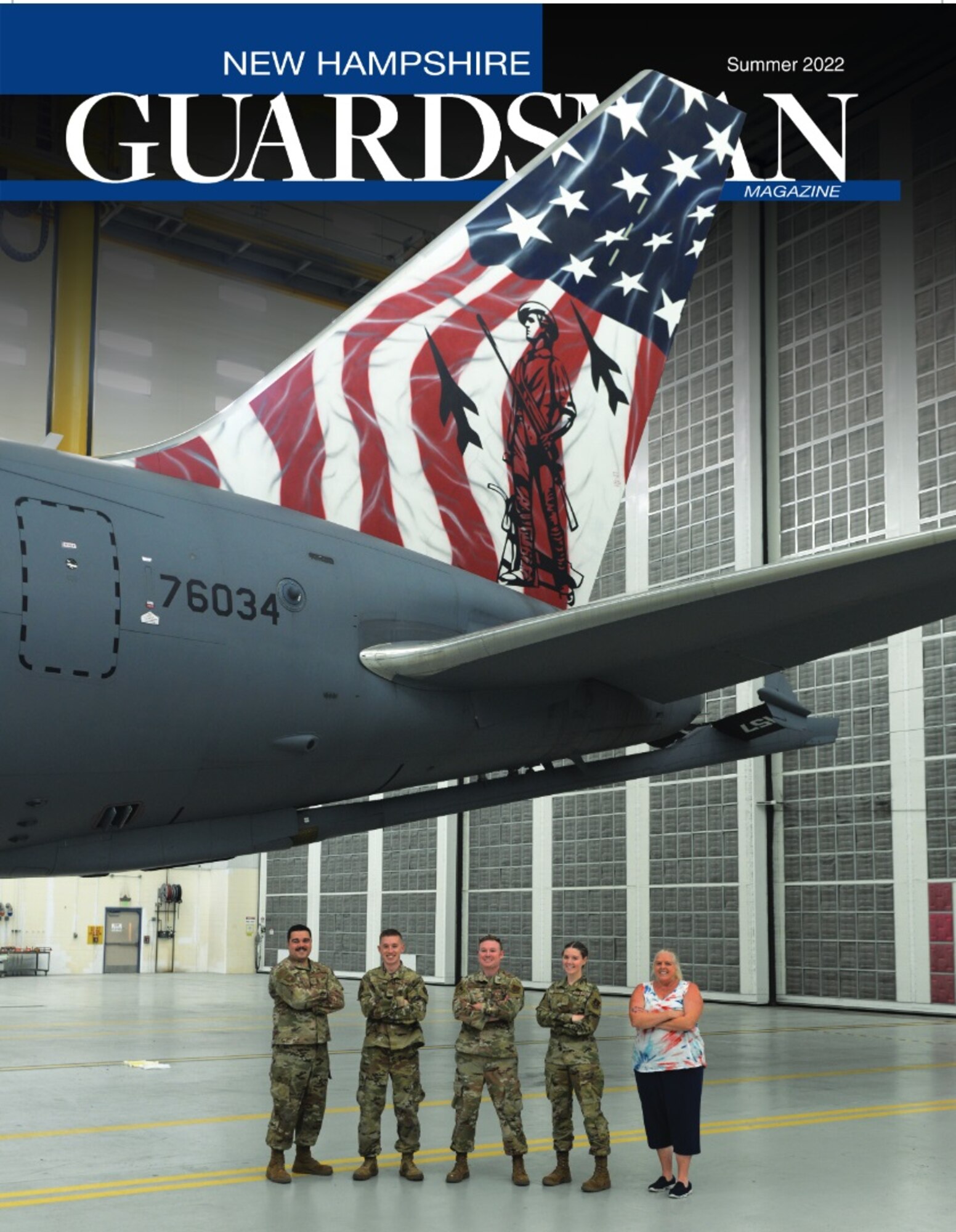 The 2022 summer issue of New Hampshire Guardsman features a patriotic paint job for the "Spirit of Portsmouth" KC-46A Pegasus in Alaska; Innovative Readiness Training mission in Cherokee Nation; Cabo Verdean minister of defense's New Hampshire visit; state military reservation's Heritage Room dedication ceremony in memory of Medal of Honor recipient, Capt. Harl Pease Jr.; NHNG leadership trip to El Salvador; Officer Candidate School training in Center Strafford; search and rescue training in Pembroke; chief of National Guard Bureau's visit to Pease ANG Base; Brig. Gen. John Pogorek and Col. Nelson Perron promotions; Ranger assessments; and Winston P. Wilson national marksmanship matches in Arkansas.