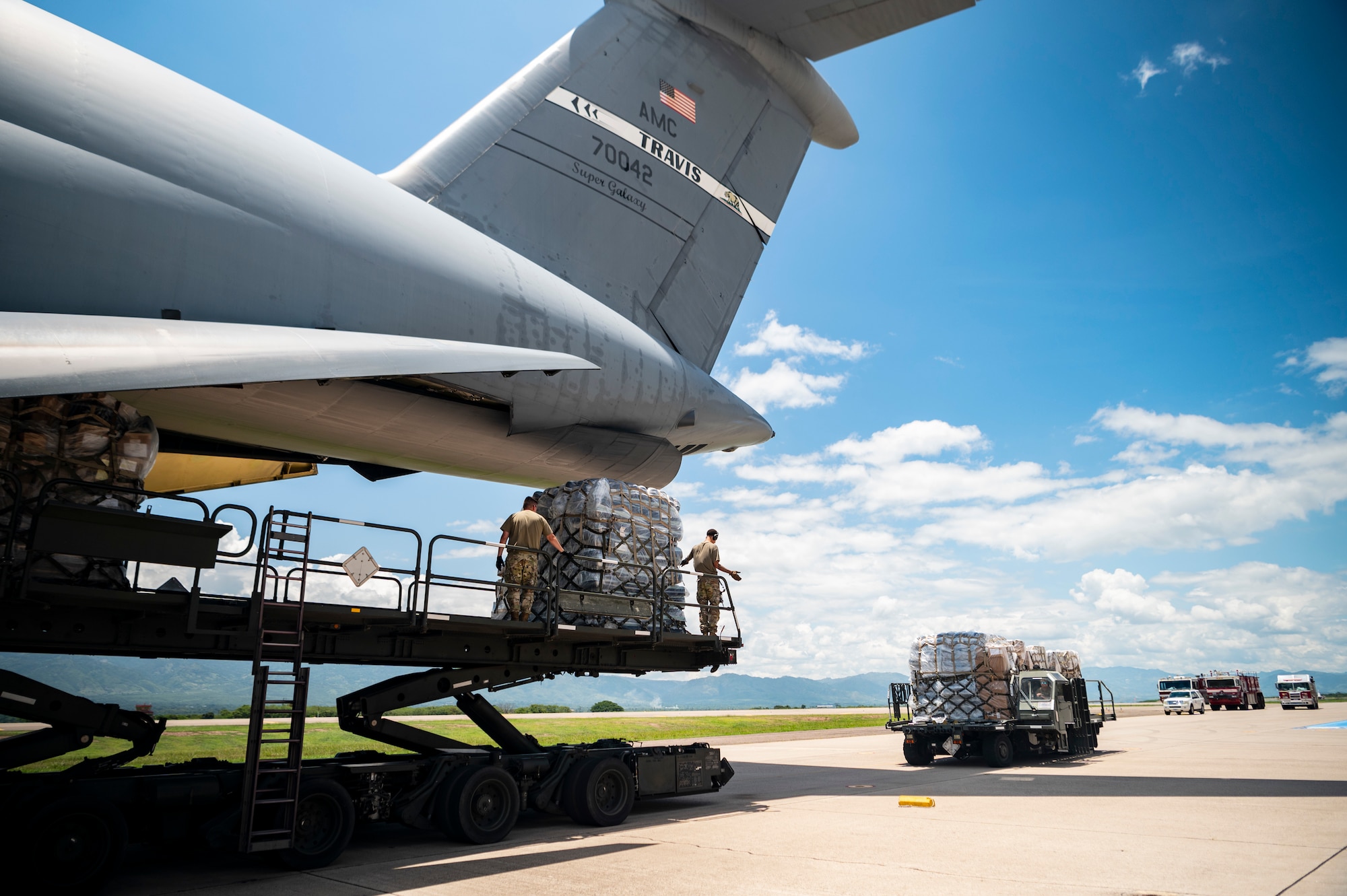 The C-5M delivered over 90,000 pounds of humanitarian aid through the Denton Program. The Denton Program allows private U.S. citizens and private organizations to transport humanitarian goods to approved countries in need.