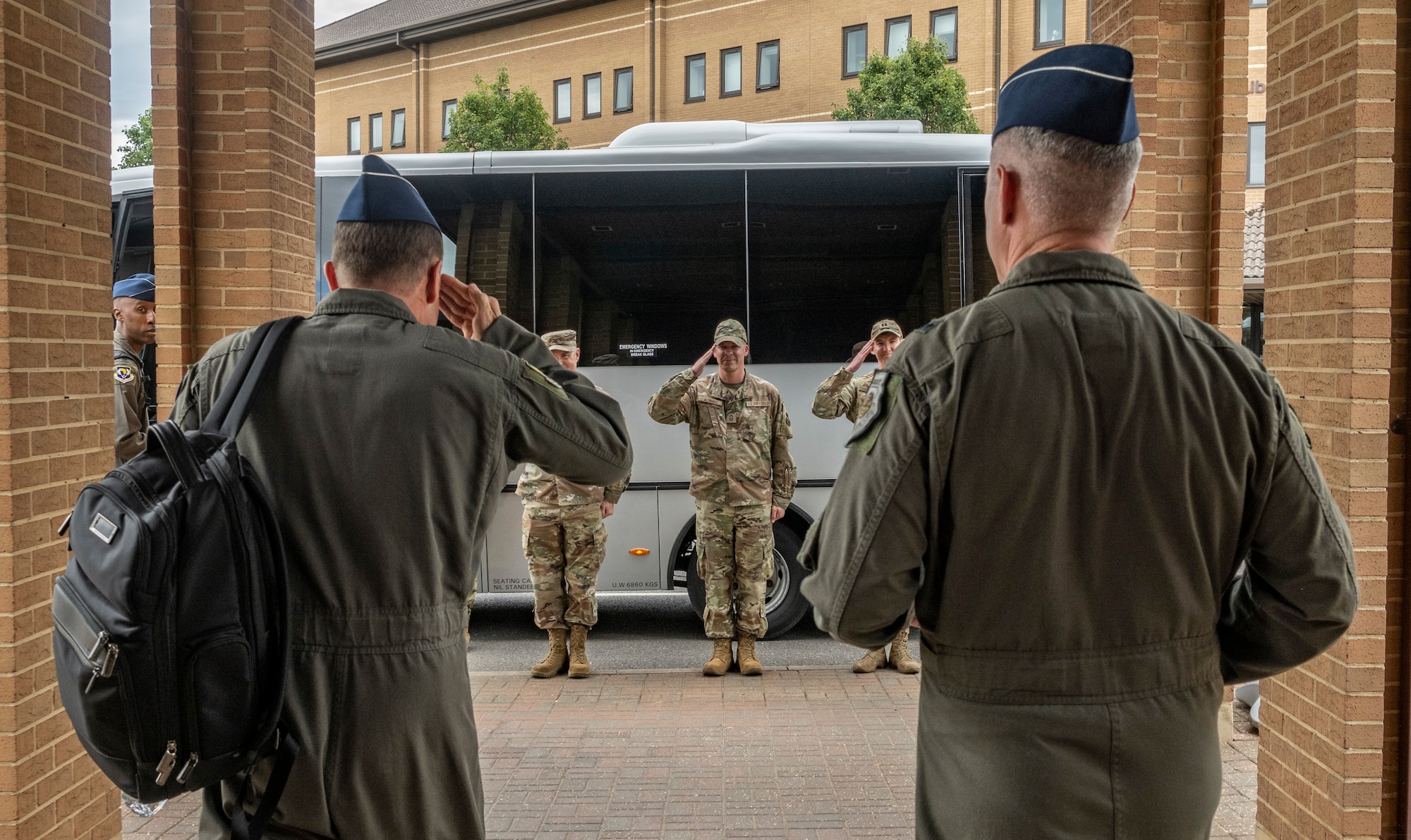 U.S. Air Force Lt. Gen. John D. Lamontagne greets Royal Air Force Mildenhall leadership at RAF Lakenheath