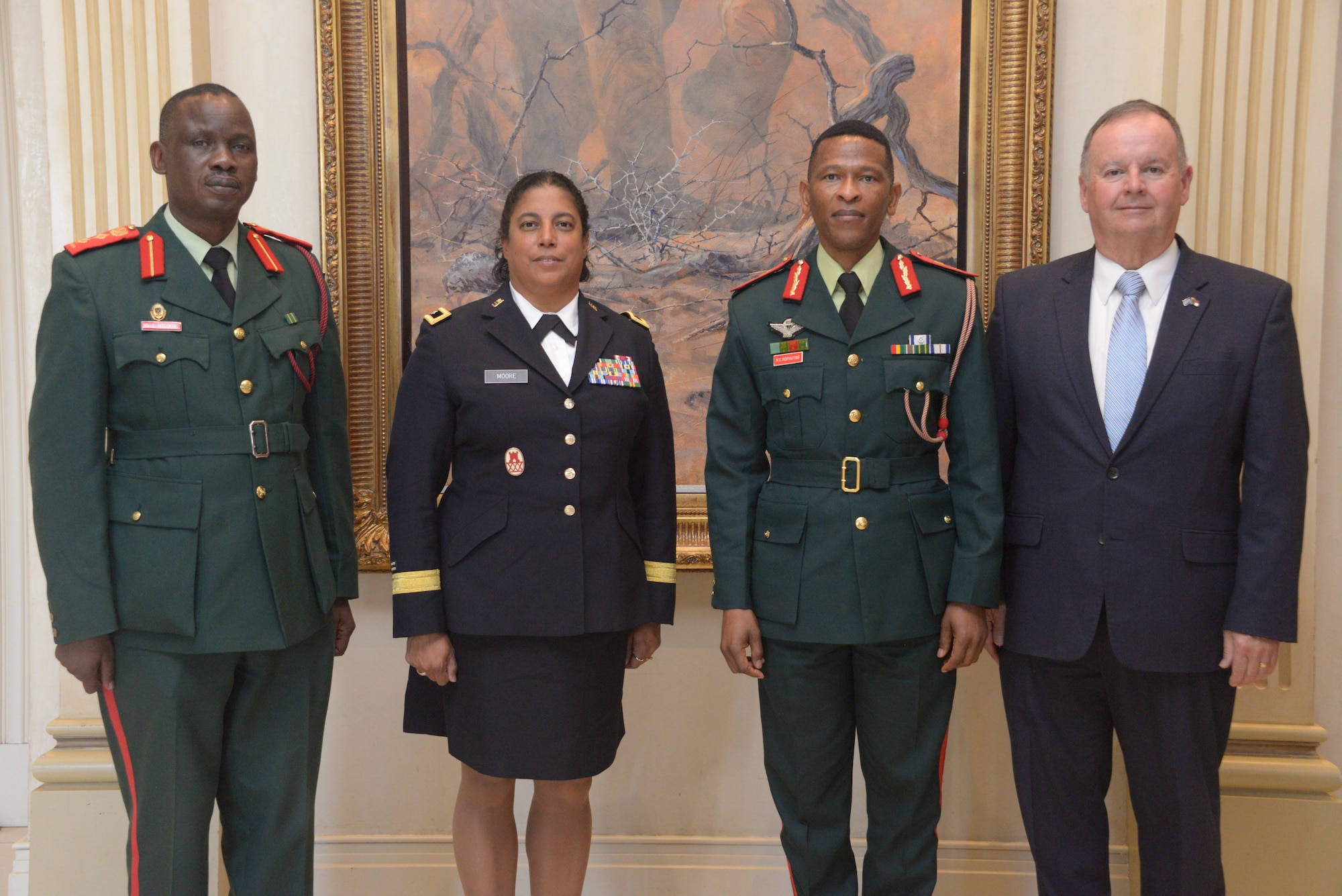 Left to right, Col. Oz Ntloore, Botswana Defence Force chief legal adviser; Brig. Gen. Cristina Moore, North Carolina National Guard assistant adjutant general of sustainment; Maj. Gen. Mpho Mophuting, deputy commander of the Botswana Defence Force; retired Col. Rick Fay, NCNG chief legal adviser; after a panel discussion about ways to enhance the relationship between commanders and their legal advisers during the African Military Law Forum in Gaborone, Botswana, Aug. 6-10. The forum brought together African military legal professionals from 37 African countries.