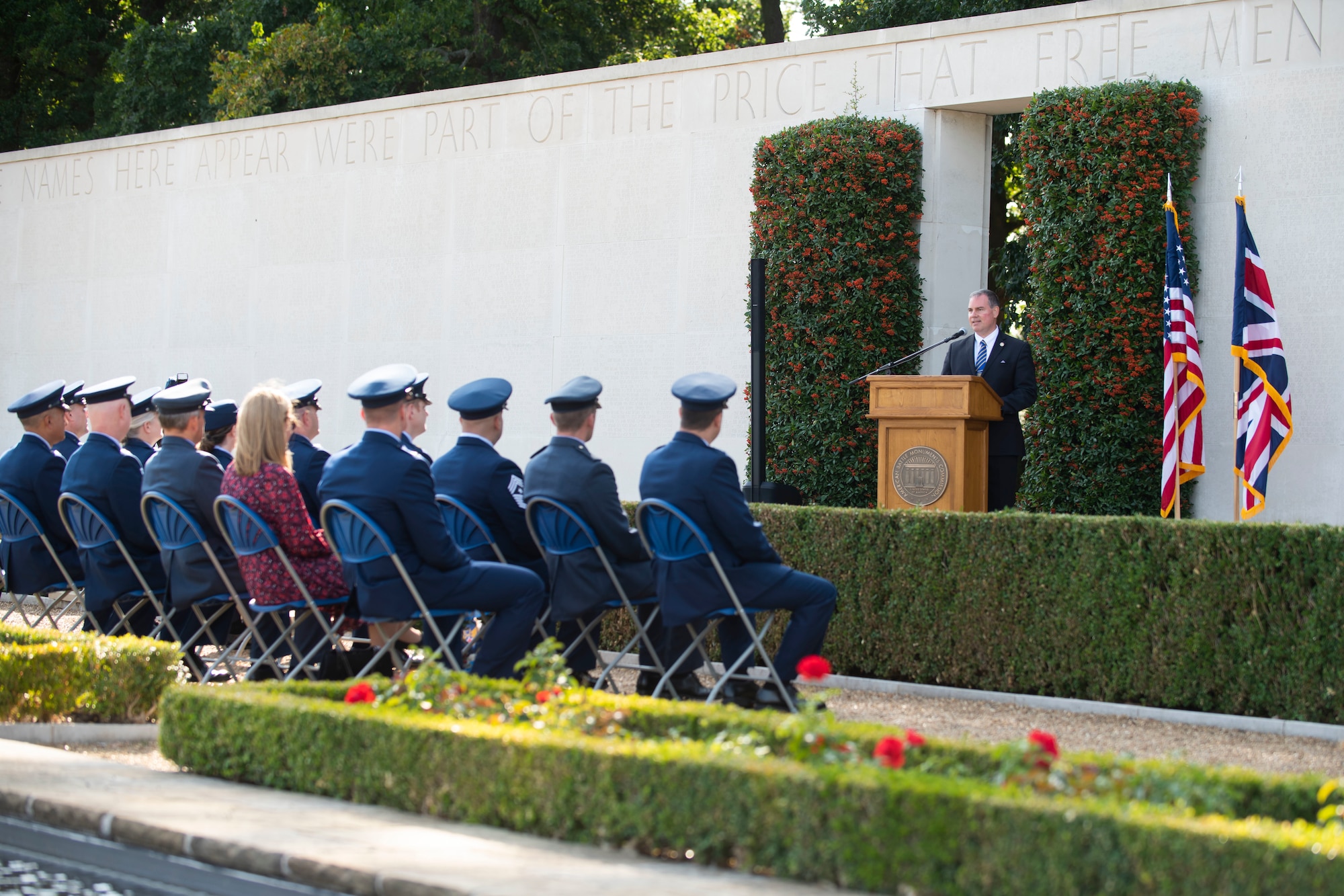 Matthew Brown, Cambridge American Cemetery superintendent, welcomes everyone to the wreath laying ceremony at the Cambridge American Cemetery and Memorial, Madingley, England, Sept. 1, 2022. Leadership from the 501st Combat Support Wing joined the 8th Air Force commander and command chief, along with other U.S. Air Force leaders, to mark the 80th Anniversary of the formation of the Mighty Eighth Air Force and to commemorate those who gave their lives in the ultimate sacrifice. (U.S. Air Force photo by Senior Airman Jennifer Zima)