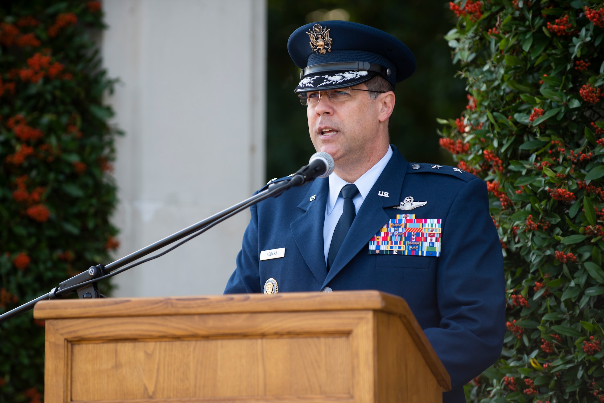 U.S. Air Force Maj. Gen. Andrew Gebara, 8th Air Force and J-GSOC commander, speaks at the Cambridge American Cemetery and Memorial, Madingley, England, Sept. 1, 2022. Leadership from the 501st Combat Support Wing joined the 8th Air Force commander and command chief, along with other U.S. Air Force leaders, to mark the 80th Anniversary of the formation of the Mighty Eighth Air Force and to commemorate those who gave their lives in the ultimate sacrifice. (U.S. Air Force photo by Senior Airman Jennifer Zima)
