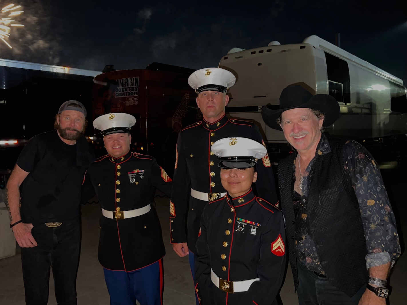 Marines from Recruiting Station Des Moines attend the Brooks and Dunn concert, at the Iowa State Fair, August 12, 2022. Master Sgt. John Harwood, Sgt. Steven Touhy and Cpl. Alejandra Martinez had to opportunity to meet the band and were honored during the veterans appreciation portion of the concert. Brooks & Dunn are an American country music duo consisting of Kix Brooks and Ronnie Dunn, both of whom are vocalists and songwriters.