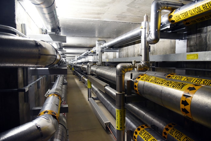 The underground utilidor connecting the mechanical electrical building with the SILO interface vaults (SIVs) for missile field 4 at Fort Greely houses chilled water, hot water and demineralized water and distributes these utilities to the SIVs.  (Photo by Kristen Bergeson)