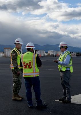 Bret Styers, senior program manager for the Ballistic Missile Defense Mandatory Center of Expertise at the U.S. Army Engineering and Support Center, Huntsville explains the engineering challenges of Alaskan projects during a tour of missile field 4 at Fort Greely, Alaska, with Col. Sebastien P. Joly, Huntsville Center commander, and Jason Wilson, program manager for the U.S. Army Corps of Engineers Alaska District, in August. (Photo by Kristen Bergeson)