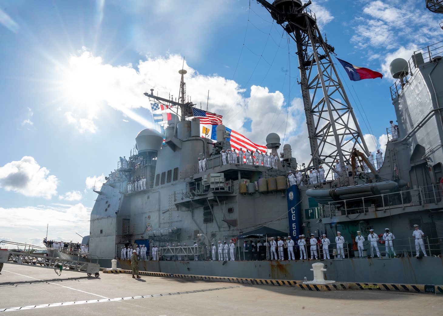 NORFOLK (Sept. 9, 2022) USS San Jacinto (CG-56) returns to Naval Station Norfolk after a regularly scheduled deployment in the U.S. 5th Fleet and U.S. 6th Fleet areas of operations, Sept. 8. San Jacinto was deployed as part of the Harry S. Truman Carrier Strike Group in support of theater security cooperation efforts and to defend U.S., allied and partner interests. (U.S. Navy photo by Mass Communication Specialist 1st Class Ryan Seelbach)