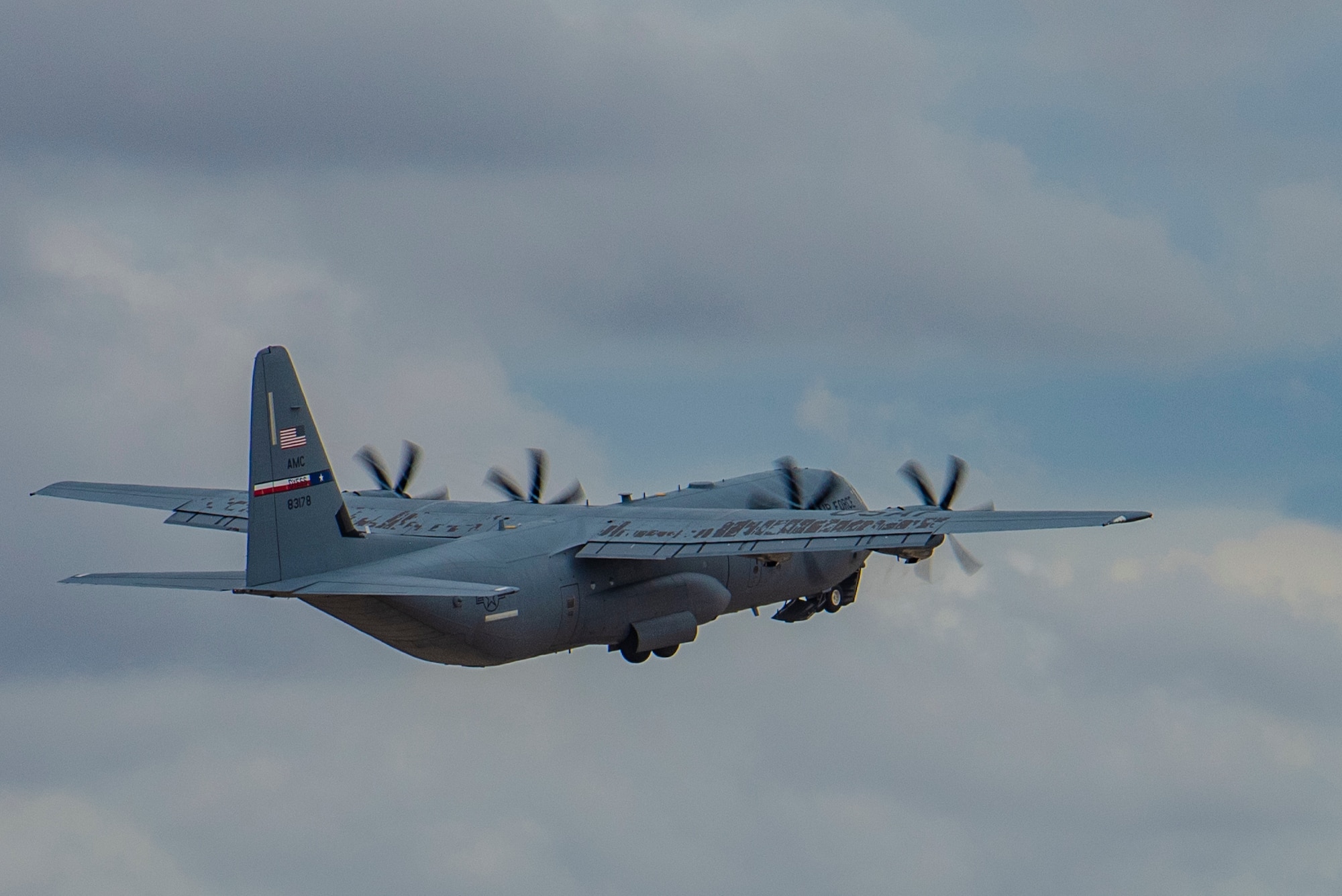 A 317th Airlift Wing C-130J Super Hercules takes off from Dyess Air Force Base, Texas, Aug. 30, 2022. The 317th AW sent four C-130s in support of the ninth exercise of Agile Combat Employment during Patriot Furry. (U.S. Air Force photo by Airman 1st Class Ryan Hayman)