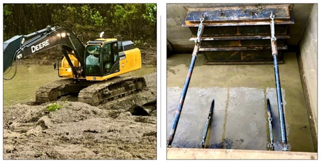 The Memphis District's Revetment Branch and Metals Units recently finalized a flapgate repair on what’s called the “Fritz Landing Culvert” in Lake County, Tennessee, in August 2022. 

“In 2021, the flapgate on the river side end of one of the culverts became loose, fractured, and fell off,” Project Manager Mark Mazzone said. “The flapgates ensure that flood water cannot back up through the culverts. They also provide the actual protection against flooding through culvert openings in the levee.”  

To repair the flapgates, construction involved building temporary cofferdams, pumping standing water to access the end of the culvert, fabrication and installation of temporary structures, and fabrication/installation of a replacement collar and supporting structure. (Courtesy photos)