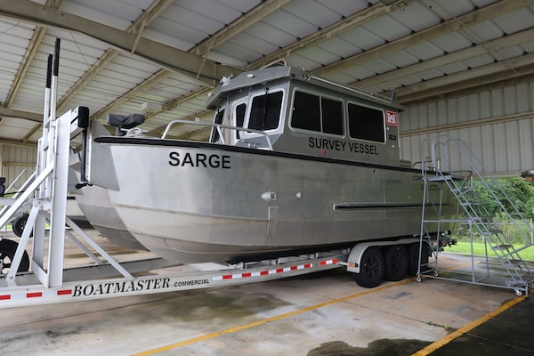 The Survey Vessel Sarge sits in the storage facility at the Irvington site office on August 25, 2022, in Irvington, AL. The vessel is named in honor of former Irvington site employee Mr. Stephen Sema, who served in the U.S. Air Force, earning the nickname, “Sarge”.  (U.S. Army photo by Jeremy Murray)