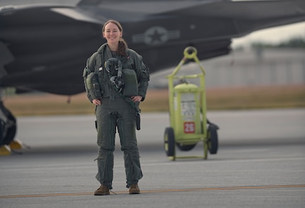 First Lt. Kelsey Flannery, an F-35A Lightning II pilot assigned to the 134th Fighter Squadron of the Vermont Air National Guard's 158th Fighter Wing, returns from a training mission from South Burlington Air National Guard Base, Vermont, Sept. 7, 2022.