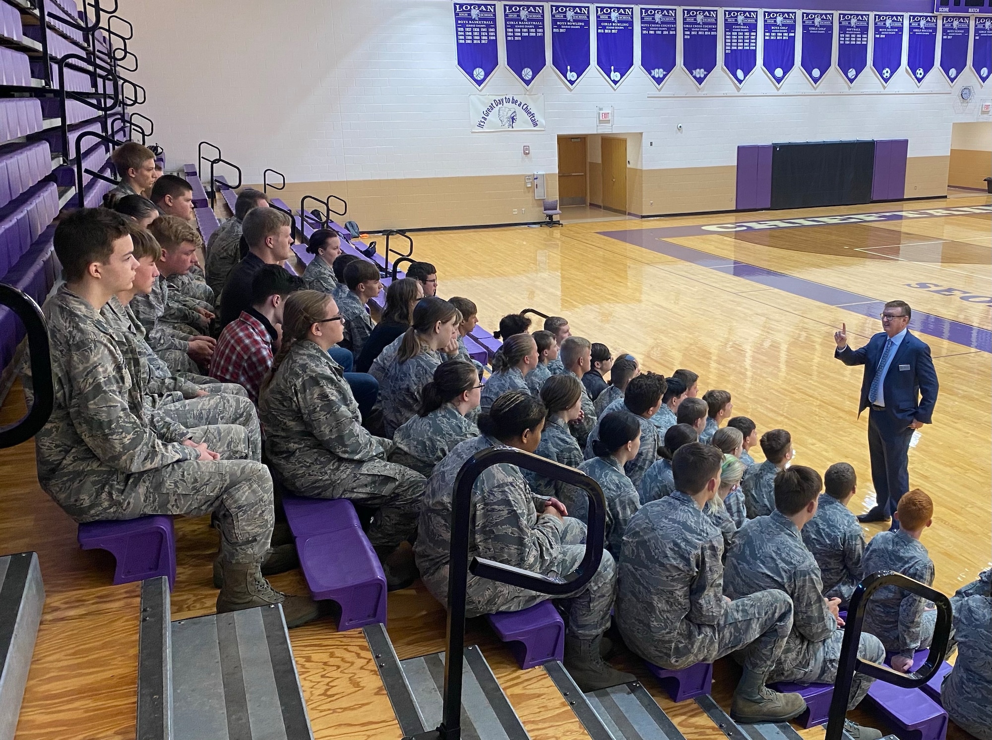Air Force Junior ROTC Leadership Development Manager Wayne Barron speaks to a group of cadets at Logan High School, Logan, Ohio, Aug. 29, 2022.  Logan High School received approval to start an Air Force Junior ROTC program last year, and the program started its first full academic year in August of 2022.