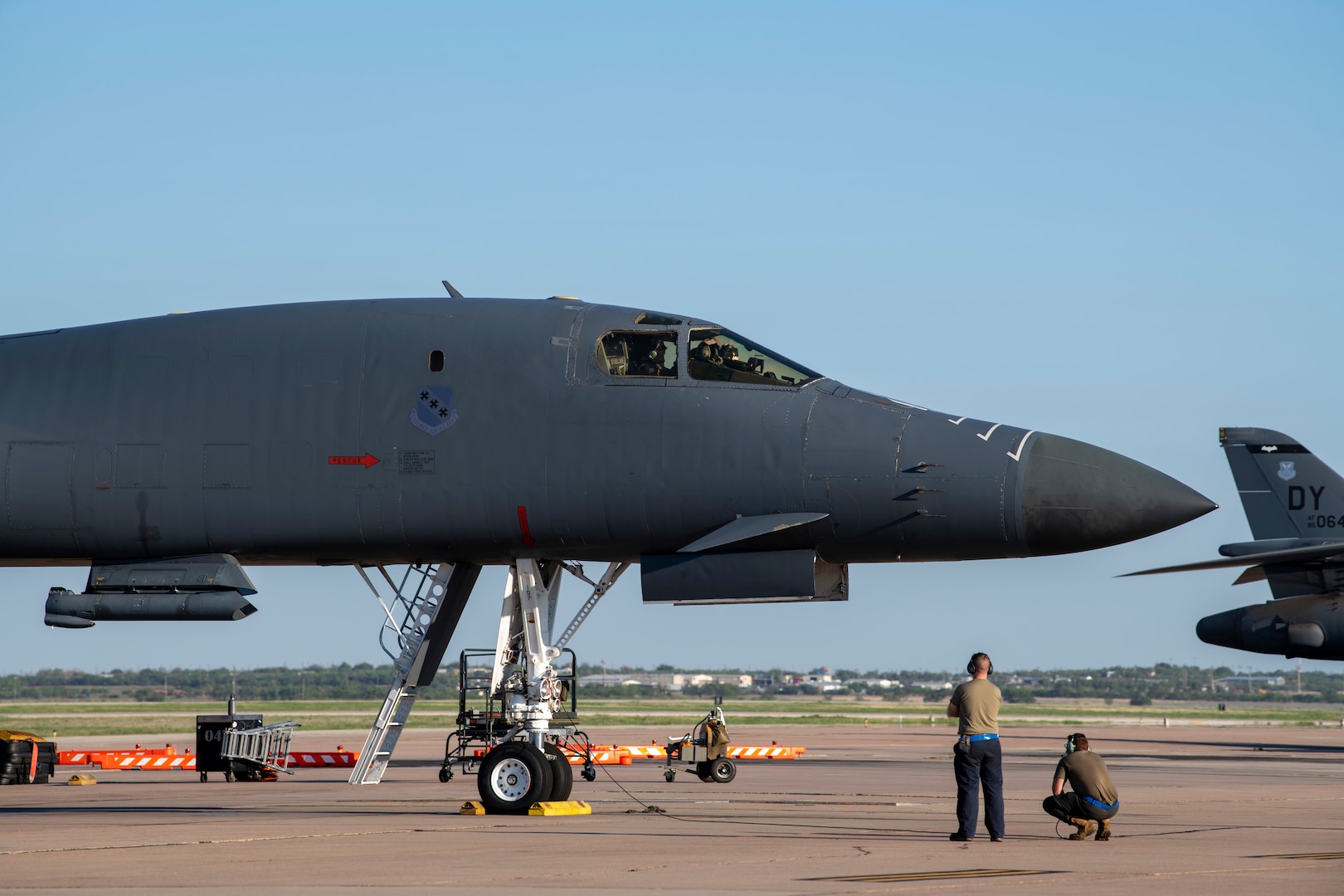 U.S. Air Force aircrew prepare to taxi the runway before takeoff at Dyess Air Force Base, Texas Sept. 7th, 2022. The crews took-off in support of a Bomber Task Force mission within the U.S. Southern Command. This kind of regional military engagement strengthens the United States’ partnership with our partnered allies, Ecuador and Panama, and improves the collective readiness for a range of potential future operations. (U.S. Air Force photo by Senior Airman Mercedes Porter)