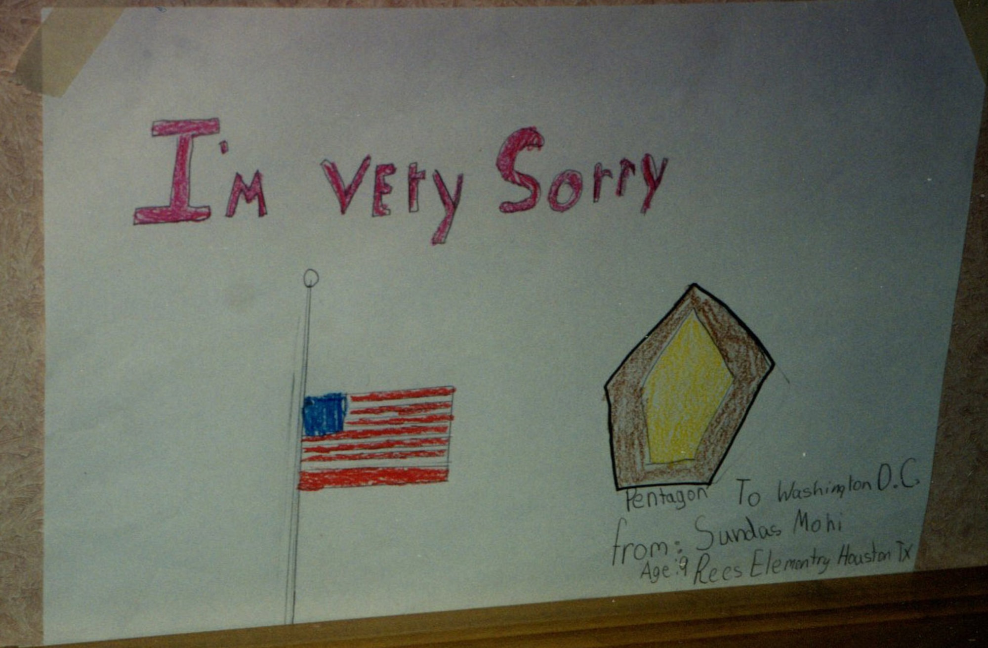 In a show of support, an untold number of letters from across the country poured into the Pentagon in the weeks and months following the 9/11 attack there. Many of the letters and drawings, such as the one pictured, were displayed at the memorial service held at the Pentagon a month later to honor the 184 people killed in the Sept. 11, 2001, terrorist attack. (Courtesy photo)