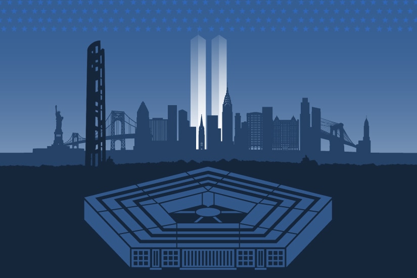 A graphic depicting 9/11 memorial of New York, Pennsylvania and the Pentagon.