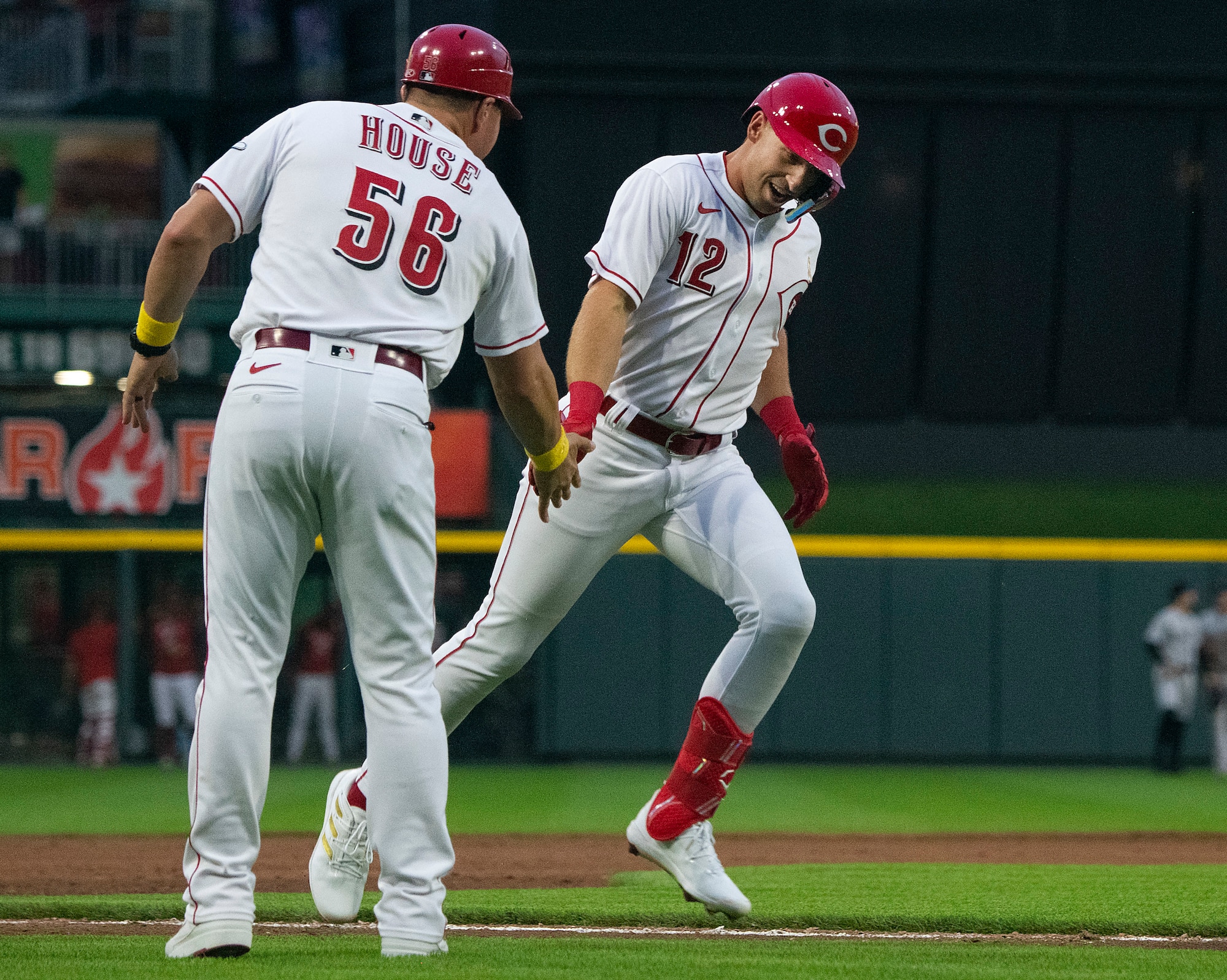 Reds rookie Spencer Steer rounds third following his first major league hit, a home run, in his first major league game Sept. 2, 2022, at Great American Ball Park in Cincinnati. Steer’s big-league debut saw him get on base four times with two walks, a home run and double, followed by scoring the winning run in the bottom of the ninth. (U.S. Air Force photo by R.J. Oriez)
