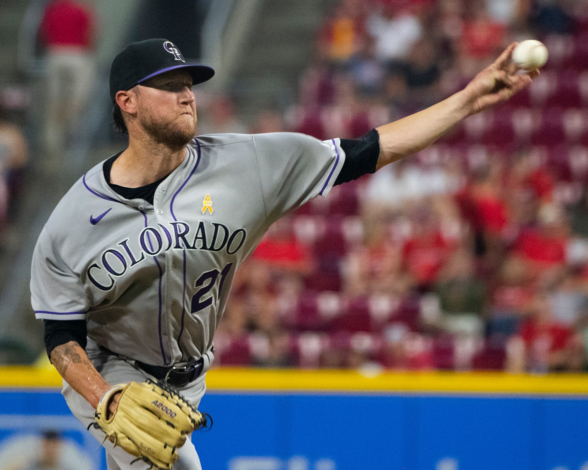 Colorado Rockies left-hander Kyle Freeland delivers a pitch against the Cincinnati Reds on Sept. 2, 2022, at Great American Ball Park in Cincinnati. A number of Wright-Patterson Air Force Base Airmen attended the game for free and took part in pregame ceremonies as part of the Reds’ Military Appreciation Night. (U.S. Air Force photo by R.J. Oriez)