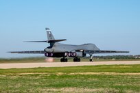 A B-1B Lancer takes off from the flightline at Dyess Air Force Base, Texas Sept. 7th, 2022, for a Bomber Task Force mission to U.S. Southern Command. This mission is representative of the United States’ commitment to our partners to maintain regional security and stability while enabling units to become familiar with operations in different regions. (U.S. Air Force photo by Senior Airman Mercedes Porter)