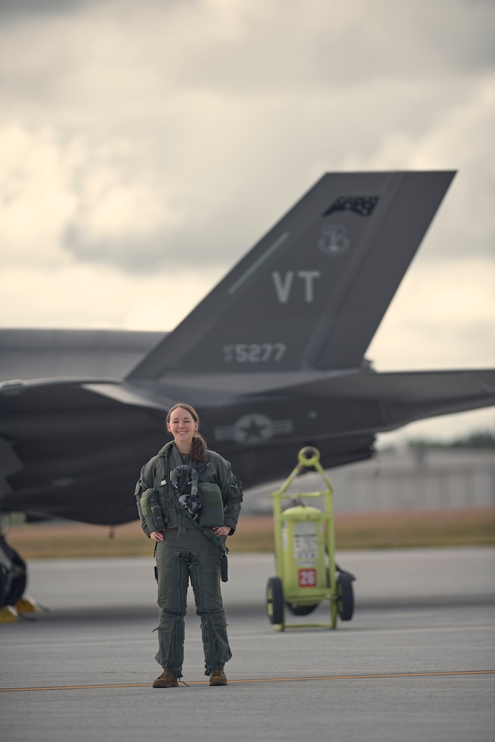 A photo of 1st Lt. Kelsey Flannery, an F-35A Lightning II pilot assigned to the 134th Fighter Squadron of the Vermont Air National Guard's 158th Fighter Wing, returns from a training mission from South Burlington Air National Guard Base, Vermont, Sept. 7, 2022. Flannery, who is the Air National Guard's first female F-35 pilot, made her first flight with the 158th after returning from three years of flight training. (U.S. Air National Guard photo by Master Sgt. Ryan Campbell)