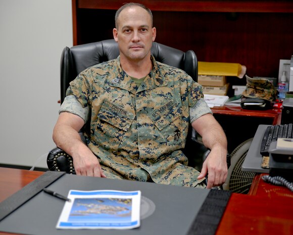 Sgt. Maj. Chad M. Coston is a second-generation Marine. He was raised in Louisiana and enlisted in the Marine Corps in 1994 with the expectation of getting out after his first four years were done. 
Now he is the sergeant major of Marine Corps Logistics Base Albany, making him the senior enlisted advisor to Col. Michael Fitzgerald, commanding officer, MCLB Albany. (U.S. Marine Corps photo by Jennifer Parks)
