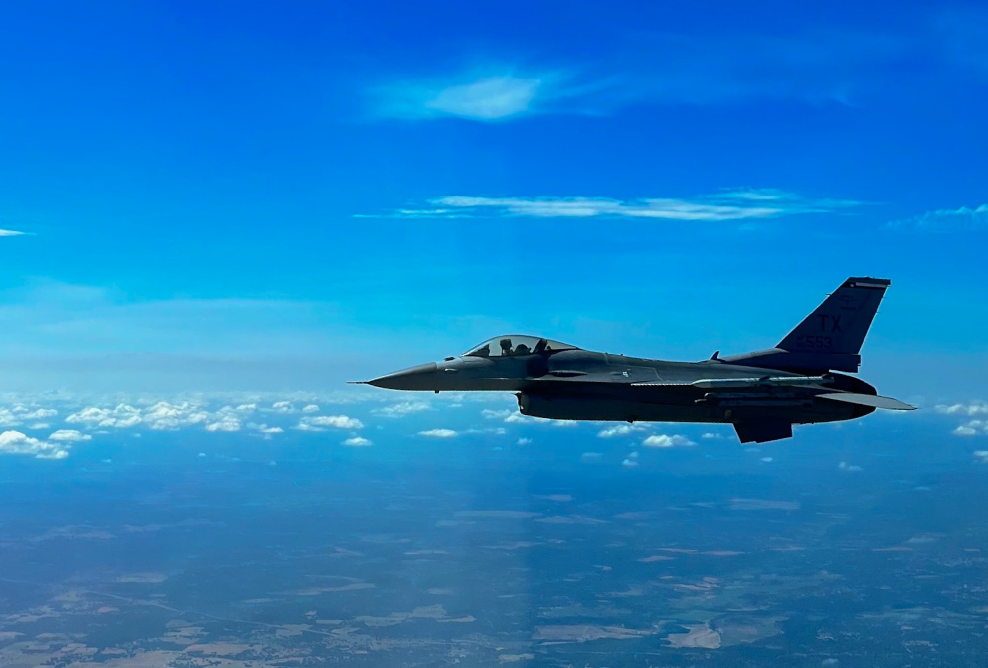 An Air Force F-16 Fighting Falcon flies during exercise Patriot Fury over Texas, Aug. 29, 2022. During Patriot Fury, aircrew from the 317th Airlift Wing, Dyess Air Force Base, Texas, provided mobility support for the 301st Fighter Wing, Naval Air Station Fort Worth, Texas, to exercise Agile Combat Employment. (U.S. Air Force courtesy photo)