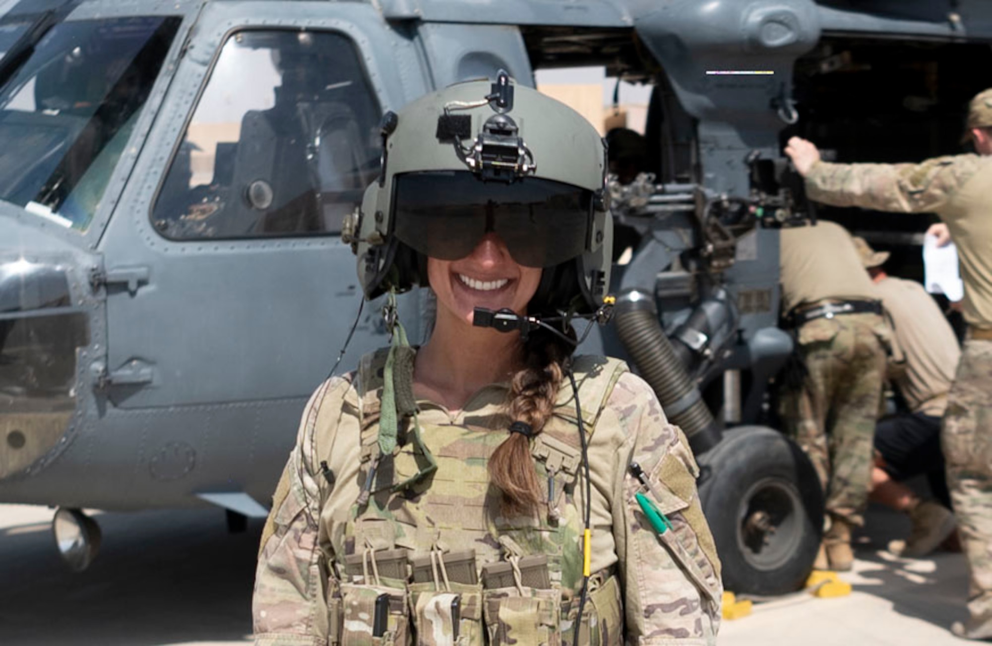 U.S. Air Force Major Grace Gibbens, 46th Expeditionary Rescue Squadron Pilot, flies the HH-60 Pave Hawk around Area Of Responsibility (AOR). The Pave Hawk is used for search and rescue missions which help enable the Air Force’s ability to develop, maintain, and share timely, accurate and relevant mission information across dispersed forces despite adversary attempts to counter act.