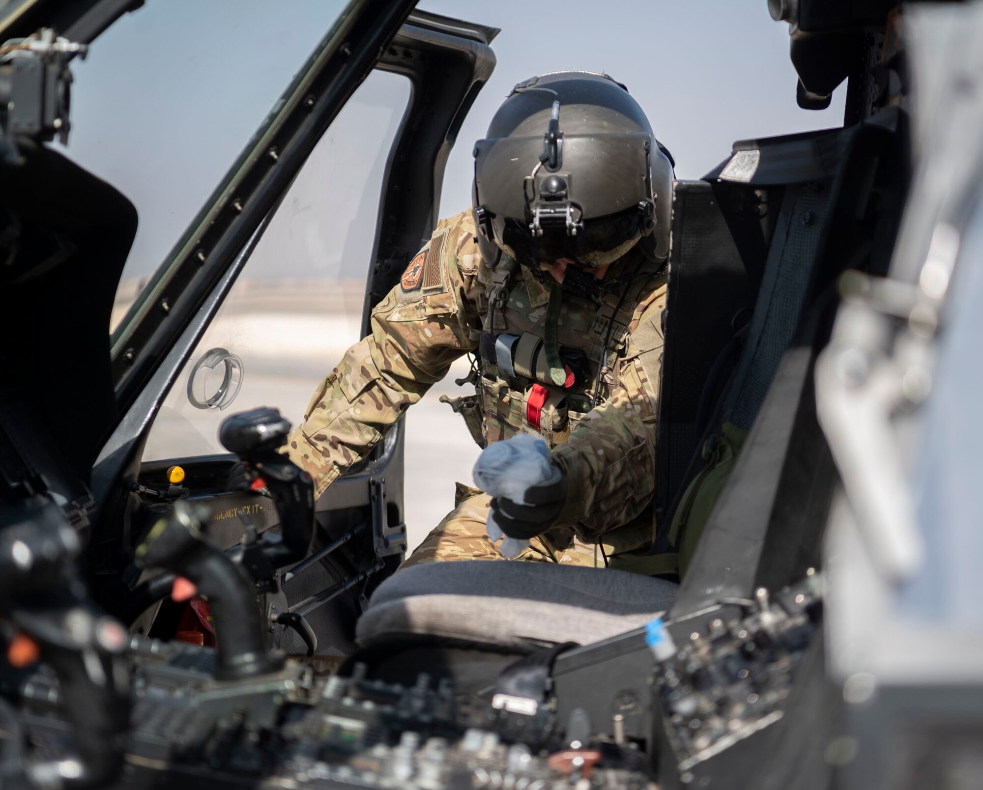 U.S. Air Force Major Grace Gibbens, 46th Expeditionary Rescue Squadron Pilot, flies the HH-60 Pave Hawk around Area Of Responsibility (AOR). The Pave Hawk is used for search and rescue missions which help enable the Air Force’s ability to develop, maintain, and share timely, accurate and relevant mission information across dispersed forces despite adversary attempts to counter act.