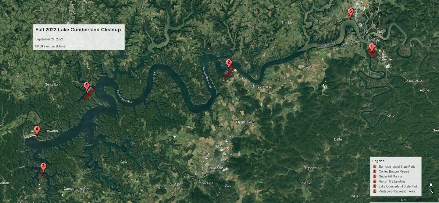 The U.S. Army Corps of Engineers Nashville District invites the public to participate in the Lake Cumberland Fall Lake Cleanup Saturday, Sept. 24, 2022, for National Public Lands Day. These are the locations where the public can volunteer to clean up the shoreline.