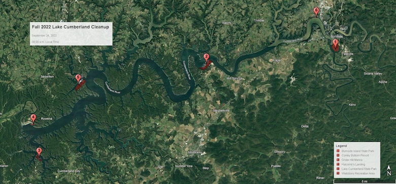 The U.S. Army Corps of Engineers Nashville District invites the public to participate in the Lake Cumberland Fall Lake Cleanup Saturday, Sept. 24, 2022, for National Public Lands Day. These are the locations where the public can volunteer to clean up the shoreline.