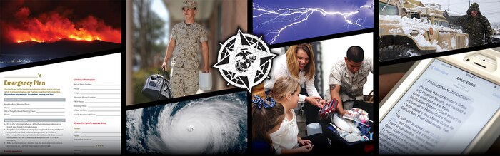 Collage of hazards and Marine Corps emergency preparedness images with Ready Marine Corps logo in the center.
