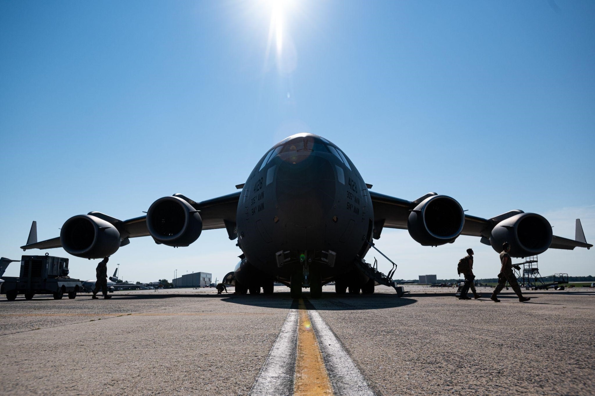 A plane is static on a flightline.