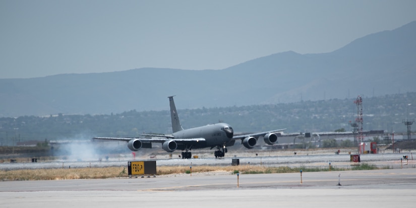A KC-135 Stratotanker lands at Salt Lake City Airport.