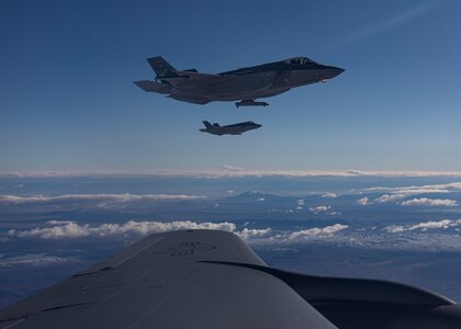 F-35As from Hill Air Force Base, Utah fly beside a KC-135R Stratotanker during air refueling operations over Utah Oct. 26, 2021.