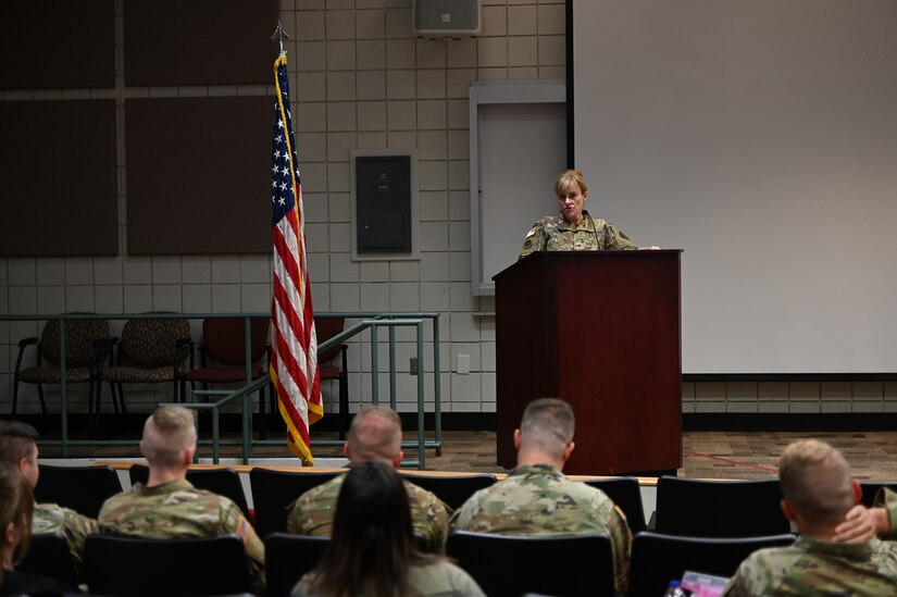 Big. Gen. Charlene Dalto speaks to a group of Soldiers at a deployment ceremony