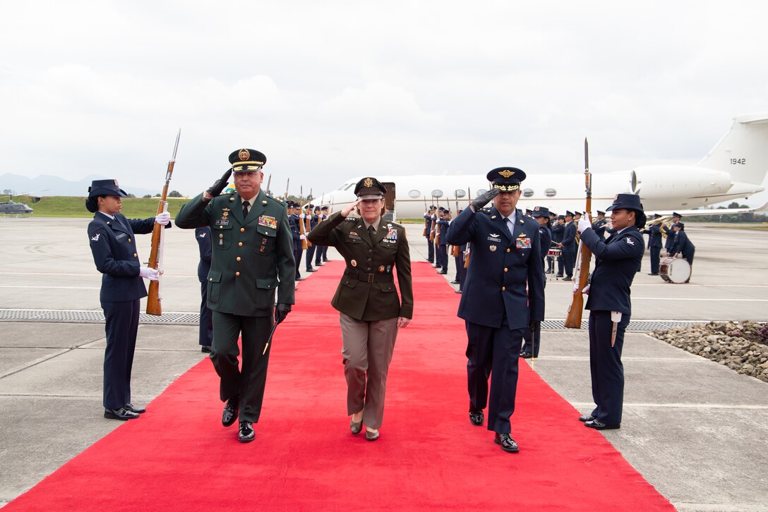 U.S. Army Gen. Laura Richardson, commander of U.S. Southern Command, is greeted with honors upon arrival to Colombia.