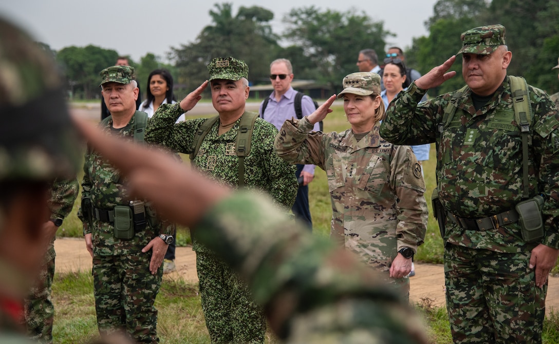 U.S. Army Gen. Laura Richardson, commander of U.S. Southern Command, meets with leaders and service members of the Colombian military’s Joint Task Force Omega.