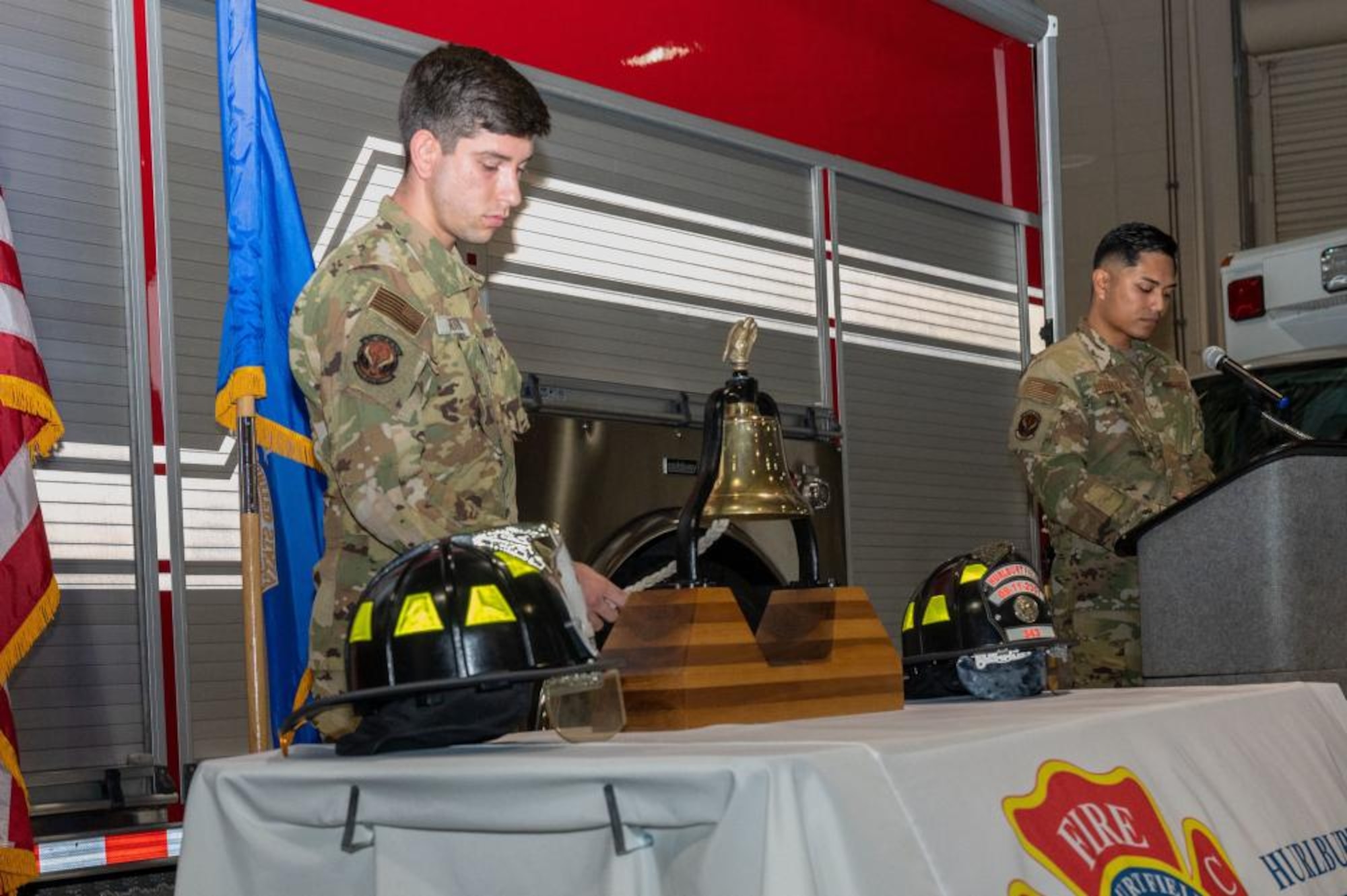 U.S. Air Force Airman 1st Class Jeremy Soto, a firefighter with the 1st Special Operations Civil Engineer Squadron, rings a ceremonial bell during a 9/11 remembrance at Hurlburt Field, Florida, Sept. 9, 2022.