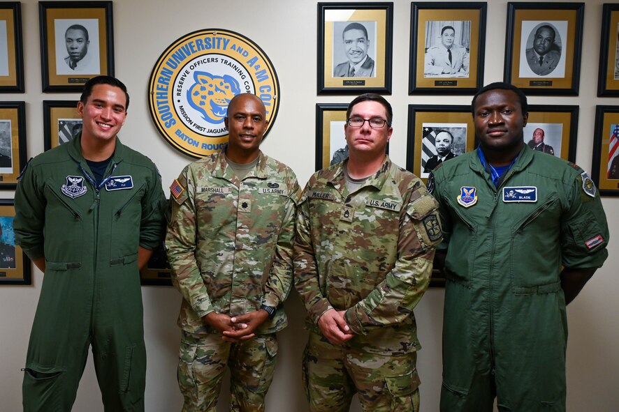 Aircrew with the 20th Bomb Squadron and Southern University and A&M College Reserve Officers Training Corps cadets pose for a photo Sept. 03, 2022 at Baton Rouge La. (U.S. Air Force photo by Senior Airman Evan Lichtenhan)