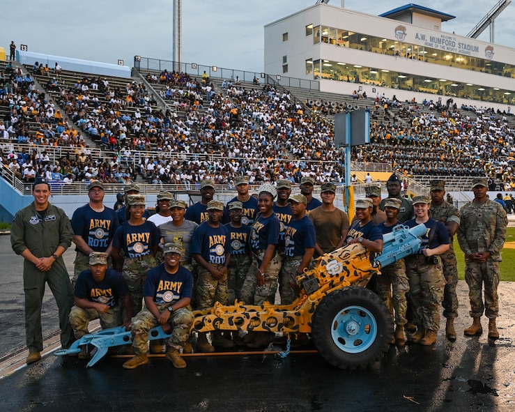 Aircrew with the 20th Bomb Squadron and Southern University and A&M College Reserve Officers Training Corps cadets pose for a photo Sept. 03, 2022 at Baton Rouge La. (U.S. Air Force photo by Senior Airman Evan Lichtenhan)